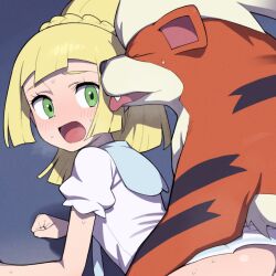 1girl ai-generated all_fours bestiality blonde_hair blunt_bangs blush creatures_(company) doggystyle eyelashes game_freak gen_1_pokemon green_eyes growlithe hentamonn interspecies lillie_(pokemon) long_hair looking_back nintendo open_mouth pokemon pokemon_(creature) pokemon_sm ponytail_with_braided_base sex sex_from_behind shirt sweat white_shirt