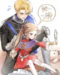 1boy 1girl aged_down armor belt blonde_hair blue_eyes boots brown_hair brushing_hair comb commentary_request dimitri_alexandre_blaiddyd dress edelgard_von_hresvelg edelgard_von_hresvelg_(young) fire_emblem fire_emblem:_three_houses flying_sweatdrops frown garreg_mach_monastery_uniform greaves hair_ribbon highres holding holding_comb holding_mirror ikaikakka looking_at_mirror mirror nintendo open_mouth pantyhose purple_eyes purple_ribbon red_dress ribbon sitting stuffed_animal stuffed_toy sweat teddy_bear time_paradox twintails v-shaped_eyebrows white_pantyhose