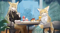 2girls animal_ears aqua_skirt arknights bag blonde_hair blue_hairband cake cake_slice casual contemporary cup food fox_ears fox_girl fox_tail green_eyes hairband holding holding_cup hood hood_down hoodie indoors kitsune kyuubi long_hair long_sleeves mother_and_daughter multiple_girls multiple_tails official_alternate_costume open_mouth orange_eyes ricefox_(nonametofu) shirt sitting skirt smile suzuran_(arknights) table tail vulpisfoglia_(arknights) white_shirt