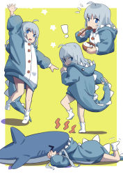 ! 1girl absurdres ahoge animal_hood border bowl closed_mouth eating food food_on_face full_body grey_hair grey_hoodie hands_up highres holding holding_bowl holding_spoon holding_tail hood hoodie ikada_sora long_hair long_sleeves looking_at_viewer lying multiple_views on_stomach open_mouth original outside_border purple_eyes shark sidelocks smile socks spoon standing standing_on_one_leg star_(symbol) stuffed_animal stuffed_toy tail thighs vore white_legwear