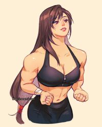 Rule 34 | 1girl, black tank top, breasts, cleavage, clenched hands, earrings, final fantasy, final fantasy vii, final fantasy vii remake, flexing, jewelry, long hair, midriff, red eyes, smile, solo, tank top, thar chandran, tifa lockhart, toned