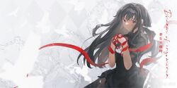 1girl absurdres akemi_homura akemi_homura_(black_dress) argyle_background bilingual_text bird black_bow black_bowtie black_dress black_hair black_hairband bow bowtie chinese_commentary chinese_text clock collared_dress commentary_request cowboy_shot dove dress english_text grey_background hair_between_eyes hairband highres holding holding_ribbon long_dress long_hair looking_at_viewer mahou_shoujo_madoka_magica mahou_shoujo_madoka_magica:_hangyaku_no_monogatari mixed-language_text moieko parted_lips purple_eyes red_ribbon ribbon shirt shirt_under_dress short_sleeves sidelocks sleeve_cuffs solo watermark weibo_watermark white_shirt