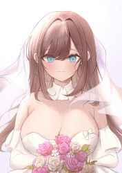 1girl absurdres aqua_eyes bare_shoulders blush bouquet bow breasts bridal_gauntlets brown_hair closed_mouth collar detached_collar dress flower highres holding holding_bouquet huge_breasts long_hair looking_at_viewer nijisanji pink_flower pink_lips pink_rose ri_shan rose simple_background smile solo suzuhara_lulu veil virtual_youtuber wedding_dress white_background white_bow white_bridal_gauntlets white_collar white_dress white_flower white_rose white_veil