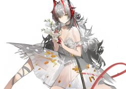 1girl ahoge antenna_hair arknights armband ballerina bare_shoulders breasts choker cleavage closed_mouth demon_horns dress expressionless flower frilled_armband frills grey_hair highres holding holding_flower horns long_hair looking_at_viewer medium_breasts messy_hair parted_bangs plumw red_horns red_streaks see-through_clothes see-through_skirt sidelocks simple_background sitting sketch skirt solo w_(arknights) white_background white_dress white_flower yellow_eyes