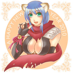 Rule 34 | 1girl, 2010, animal ears, armor, assassin cross (ragnarok online), bell, black gloves, black leotard, blue hair, blush, breasts, chinese zodiac, commentary request, elbow gloves, fingerless gloves, fingernails, gloves, green eyes, happy new year, jingle bell, large breasts, leotard, long hair, looking at viewer, minamikaze natsu, new year, open mouth, pauldrons, pink nails, ragnarok online, red scarf, scarf, shoulder armor, smile, solo, tiger ears, torn clothes, torn scarf, upper body, wrist bell, year of the tiger