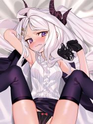 1girl ahoge arm_up black_coat black_gloves black_skirt black_thighhighs blue_archive blush breasts clenched_teeth clothes_lift clothing_aside coat fur_collar gloves hair_ornament highres hina_(blue_archive) horns implied_sex long_hair lying multiple_horns on_back out-of-frame_censoring panties panties_aside purple_eyes shirt skirt skirt_lift sleeveless sleeveless_shirt small_breasts solo tears teeth thighhighs underwear white_hair white_shirt wokamiya