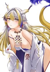 1girl absurdres arknights bare_shoulders bead_necklace beads blush breasts cleavage dragon_girl dragon_horns dragon_tail earrings eastern_dragon_horns eastern_dragon_tail green_eyes hair_between_eyes highres horns jewelry leaning_forward long_hair long_sleeves looking_at_viewer medium_breasts meihina necklace parted_lips pointy_ears shu_(arknights) simple_background solo strapless tail tassel tassel_earrings tube_top white_background white_hair white_tube_top