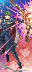 Rule 34 | 1boy, 1girl, absurdres, alm (fire emblem), alm (powerful resolve) (fire emblem), armor, arrow (projectile), bow (weapon), cape, celica (fire emblem), commentary, english commentary, fire emblem, fire emblem echoes: shadows of valentia, fire emblem heroes, fujikawa arika, green eyes, green hair, highres, holding, holding arrow, holding bow (weapon), holding weapon, long hair, maco (wondermind), nintendo, official art, official wallpaper, open mouth, short hair, two-sided cape, two-sided fabric, weapon