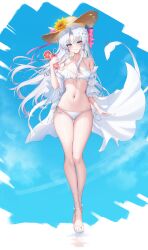 1girl absurdres alternate_costume bare_shoulders bikini blue_sky blush bow breasts carlotta_(wuthering_waves) cherry cup day drinking_glass drinking_straw earrings flower food front-tie_bikini_top front-tie_top fruit full_body groin hair_bow hat hat_flower highres holding holding_cup incredibly_absurdres jewelry juice lilac_(k32420276) long_hair medium_breasts navel orange_(fruit) orange_slice outdoors parted_bangs parted_lips sandals side-tie_bikini_bottom sky smile solo stomach swimsuit thigh_gap toes very_long_hair white_bikini wuthering_waves