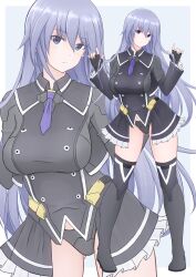 1girl absurdres alice_gear_aegis angelica_glazunova black_gloves black_panties blue_eyes boots breasts fingerless_gloves frills gloves highres large_breasts long_hair looking_at_viewer multiple_views necktie panties purple_eyes showgirl_skirt simple_background skirt standing thigh_boots thighhighs tubamesaapoo underwear very_long_hair