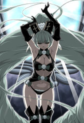 10s 1girl armpits arms_up backlighting black_gloves black_panties black_thighhighs blunt_bangs boots breasts cleavage closed_eyes closed_mouth elbow_gloves etia_visconti female_focus frilled_panties frills gen&#039;ei_wo_kakeru_taiyou gloves groin large_breasts light_beam long_hair navel panties solo standing thigh_boots thighhighs underwear very_long_hair you2