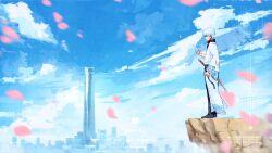 1boy absurdres artist_name black_pants building cityscape cliff cloud commentary commission commissioner_name cup dated day english_commentary gintama highres holding holding_cup japanese_clothes katana kimono outdoors pants rnna sakata_gintoki short_hair skyscraper solo sword thank_you twitch_username twitter_username weapon white_hair white_kimono
