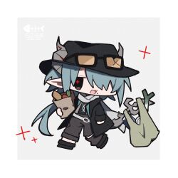 Rule 34 | 1boy, arknights, bag, black hat, black jacket, broken eyewear, chibi, cross-shaped pupils, food, grey scarf, groceries, grocery bag, hair over one eye, hat, highres, holding, holding food, holding with tail, horns, horns through headwear, jacket, long hair, looking at viewer, male focus, mitm (arknights), mole, mole under mouth, open mouth, pointy ears, prehensile tail, rasarasu, red pupils, scarf, shopping bag, symbol-shaped pupils, tail, tinted eyewear, yellow-tinted eyewear