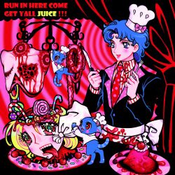 2boys absurdres blood blue_hair blush cannibalism cat chef_hat corpse decapitation dio_brando formal_clothes guro hat heart highres intestines jojo_no_kimyou_na_bouken jonathan_joestar kasanemichael male_focus multiple_boys necktie phantom_blood smile suit tongue tongue_out