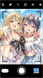 artist_name bikini bikini_ribbon black_bikini black_hair black_ribbon blonde_hair breasts brown_hair check_copyright collarbone commentary_request copyright_request fang highres horns jacket kink_(tortoiseshell) looking_at_viewer navel original ribbon selfie small_breasts sparkle stomach swimsuit teeth twitter_username upper_teeth_only viewfinder water_drop white_horns yellow_jacket