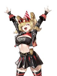 1girl \m/ absurdres arms_up birthday black_jacket black_skirt black_thighhighs black_tube_top blonde_hair breasts burnice_white cleavage closed_eyes commentary cowboy_shot crop_top cropped_jacket english_commentary facing_ahead hair_ornament hat high-waist_skirt highres jacket large_breasts letter_hair_ornament long_sleeves medium_hair navel open_mouth party_hat pleated_skirt ppangchil red-framed_eyewear red_hat simple_background skirt smile solo spiked_belt star-shaped_eyewear star_(symbol) stomach strapless teeth thighhighs tube_top twintails white_background zenless_zone_zero zettai_ryouiki