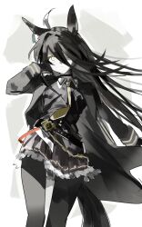 1girl ahoge animal_ears black_coat black_hair black_pantyhose black_shirt black_skirt black_tail coat ear_tag highres horse_ears horse_girl horse_tail long_hair manhattan_cafe_(umamusume) multicolored_hair necktie pantyhose pleated_skirt qoosod shirt skirt solo tail two-tone_hair umamusume white_hair yellow_eyes yellow_necktie