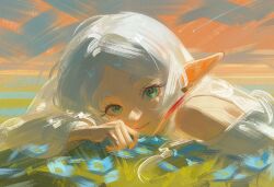 1girl closed_mouth commentary elf frieren green_eyes grey_hair highres long_hair looking_at_viewer lying nyte_tyde on_stomach pointy_ears solo sousou_no_frieren