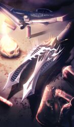 ammunition brown_theme candle candlelight commentary crack dagger fate/apocrypha fate/grand_order fate_(series) fire gun knife lasengle no_humans official_art shotgun shotgun_shell skull still_life third-party_source weapon weapon_focus weapon_request