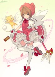 1girl absurdres brown_hair card cardcaptor_sakura clow_card commentary dress fuuin_no_tsue green_eyes hat highres holding holding_card kero_(cardcaptor_sakura) kinomoto_sakura kinomoto_sakura_(magician) kotatsu_(g-rough) pink_dress pink_hat puffy_short_sleeves puffy_sleeves short_sleeves wings