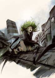 1girl black_dress black_shoes building commentary crack cracked_glass dress english_commentary green_eyes green_hair highres looking_at_viewer one-punch_man open_mouth outdoors phil_dragash rubble shoes short_hair single_bare_foot solo squatting tatsumaki