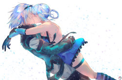 1boy 1girl arms_around_neck arms_around_waist backless_outfit bandaged_arm bandaged_neck bandages bare_shoulders black_gloves blue_negligee braid braided_hair_rings closed_eyes commentary_request eyelashes from_side gloves grey_hair hair_rings hetero highres hug kaine_(nier) kiss lingerie negligee nier nier_(brother) nier_(series) profile short_hair skindentation teabreak23 thigh_strap underwear white_background white_hair