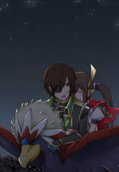 Rule 34 | armor, batensan, braviary, brown eyes, brown hair, cape, closed eyes, coat, date masamune, date masamune (sengoku musou), eyepatch, feathers, gen 5 pokemon, hair ornament, heroine (pokemon conquest), hug, hug from behind, japanese clothes, looking back, night, night sky, nintendo, poke ball print, pokemon, pokemon conquest, ponytail, riding, riding pokemon, sengoku musou, sky, smile