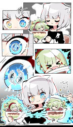&gt;_&lt; 3girls absurdres bang_dream! bang_dream!_it&#039;s_mygo!!!!! beret black_shirt blue_eyes chibi green_hair hat heterochromia highres kaname_raana layered_sleeves long_hair long_sleeves magic matcha_parfait mini_person mortis_(bang_dream!) multiple_girls off_shoulder raana_the_cat red_hat reference_request shirt short_hair short_over_long_sleeves short_sleeves symbol-shaped_pupils wakaba_mutsumi white_hair white_shirt yellow_eyes zhanzhangzlw