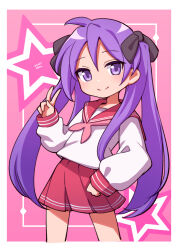 Rule 34 | 1girl, closed mouth, dated, feet out of frame, female focus, hair between eyes, highres, hiiragi kagami, legs, long hair, long sleeves, looking at viewer, lucky star, natuneko4, no nose, purple eyes, purple hair, red sailor collar, red skirt, ryouou school uniform, sailor collar, school uniform, serafuku, shirt, skirt, smile, solo, standing, star (symbol), twintails, v, very long hair, white shirt, winter uniform