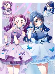 Rule 34 | 2girls, absurdres, asymmetrical bangs, blue dress, blue eyes, blue hair, blush, bow, butterfly hair ornament, chibi, chibi inset, choker, curly hair, detached sleeves, dress, gem, hair bow, hair ornament, heart, highres, looking at viewer, mimino kurumi, minazuki karen, multiple girls, official alternate costume, pearl (gemstone), pink eyes, ponytail, precure, purple dress, purple hair, ribbon choker, sakumupre5, see-through clothes, see-through sleeves, smile, thick eyebrows, twintails, v, wrist cuffs, yes! precure 5, yes! precure 5 gogo!