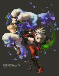 1boy 1girl alternate_costume armpits ash_crimson baggy_pants bent_over black_hair blue_eyes boots breasts character_name copyright_name crop_top detached_sleeves elbow_gloves eyeshadow fire flower folded_ponytail glasses gloves grey_background hair_flower hair_ornament highres knee_boots kof:_maximum_impact large_breasts lipstick makeup maximum_impact_ii muse_(rainforest) pale_skin pants petals pince-nez purple_lips pyrokinesis red_legwear red_pants semi-rimless_eyewear short_hair silver_hair sleeves_past_wrists snk sunglasses the_king_of_fighters under-rim_eyewear underboob updo wide_sleeves xiao_lon