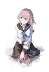 Rule 34 | 1girl, :|, black sailor collar, black skirt, blue eyes, blue neckerchief, blush, box, charlotte (genshin impact), closed mouth, cropped legs, genshin impact, gift, gift box, hair between eyes, hand on own arm, haru same322, highres, holding, holding gift, legs together, long bangs, long sleeves, looking to the side, medium hair, miniskirt, neckerchief, pink hair, pleated skirt, sailor collar, school uniform, serafuku, shirt, sidelocks, sitting, skirt, sleeve cuffs, solo, white shirt