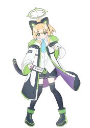 Rule 34 | 1girl, absurdres, animal ear headphones, animal ears, aqua bow, aqua necktie, black boots, black coat, black shorts, black thighhighs, blonde hair, blue archive, blush, boots, bow, buttons, cat ear headphones, cat ears, closed mouth, coat, collared shirt, commentary request, fake animal ears, floating clothes, full body, green coat, green eyes, green halo, hair bow, halo, handheld game console, headphones, highres, holding, holding handheld game console, hood, hooded coat, long sleeves, looking down, low-tied sidelocks, medium hair, midori (blue archive), multicolored coat, necktie, open clothes, open coat, pigeon-toed, pinching gesture, purple coat, school uniform, shirt, short shorts, shorts, sidelocks, simple background, smile, solo, standing, thighhighs, two-sided coat, two-sided fabric, uminekoyukio, unbuttoned, untucked shirt, white background, white coat, white shirt, wide sleeves