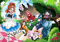 4girls akagi_towa alice_(alice_in_wonderland) alice_(alice_in_wonderland)_(cosplay) alice&#039;s_adventures_in_wonderland amanogawa_kirara animal_ears aroma_(go!_princess_precure) arudebido blue_dress blue_eyes blue_hair book bow bowtie brown_hair building card castle closed_eyes cosplay crossover cup day dress eyelashes fake_animal_ears flower formal_clothes go!_princess_precure grass happy haruno_haruka hat heart heart-shaped_pupils highres kaidou_minami long_hair looking_at_another looking_at_viewer mad_hatter_(alice_in_wonderland) mad_hatter_(alice_in_wonderland)_(cosplay) mary_janes miss_siamour monster multiple_girls open_book open_mouth outdoors pantyhose paper plant playing_card precure puff_(go!_princess_precure) puffy_sleeves purple_eyes queen_of_hearts_(alice_in_wonderland) queen_of_hearts_(cosplay) rabbit_ears red_dress red_eyes red_hair ribbon rose shoes short_hair shut_(go!_princess_precure) shut_(go!_princess_precure)_(cosplay) smile striped_clothes striped_legwear striped_pantyhose suit symbol-shaped_pupils teacup text_focus top_hat traditional_bowtie tree walking wand