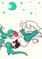 Rule 34 | 1boy, absurdres, argyle clothes, argyle sweater, arms behind head, boots, chibi, commentary, commentary request, crescent moon, crossed legs, cup, diego brando, dinosaur, dinosaur tail, green sweater, grin, highres, jodhpurs, jojo no kimyou na bouken, limited palette, lying, m a a m 8, male focus, moon, mug, mushroom, night, night sky, no eyes, on back, pants, scary monsters (stand), sky, smile, spurs, stand (jojo), star (symbol), steel ball run, sweater, tail, teeth, turtleneck, turtleneck sweater, white background