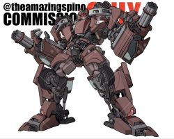 arm_cannon chain_gun commission highres kamitoge_supino looking_at_viewer mecha missile_pod no_humans original parted_lips red_eyes robot science_fiction solo standing transformers weapon wheel white_background