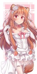 Rule 34 | 1girl, absurdres, aisha (rfrm), alternate costume, animal ear fluff, animal ears, bare shoulders, blunt bangs, blush, border, bow, breasts, bride, brown hair, chest bow, chest tattoo, choker, cleavage, collarbone, commentary, dress, elbow gloves, flower, frilled choker, frills, garter straps, gloves, hair flower, hair ornament, highres, long hair, looking at viewer, metal hair tubes, neck ribbon, outside border, pink background, pink bow, pink ribbon, raccoon ears, raccoon girl, raccoon tail, raphtalia, red eyes, ribbon, rose, see-through clothes, see-through veil, short dress, skindentation, slave brand, sleeveless, sleeveless dress, smile, solo, strapless, strapless dress, tail, tate no yuusha no nariagari, tattoo, thighhighs, veil, wedding dress, white border, white choker, white dress, white flower, white gloves, white rose, white thighhighs, white veil, zettai ryouiki