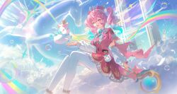 1girl absurdres air_bubble aqua_bow aqua_bowtie aqua_eyes aqua_hair bow bowtie bright_pupils bubble chaerom detached_sleeves dress drill_hair flying gradient_hair highres honkai:_star_rail honkai_(series) hyacine_(honkai:_star_rail) little_ica_(honkai:_star_rail) long_sleeves looking_at_viewer medium_hair multicolored_hair open_mouth pantyhose pink_hair red_dress sitting smile solo teeth twin_drills twintails upper_teeth_only white_pantyhose white_pupils