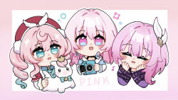 3girls aqua_bow aqua_bowtie aqua_eyes aqua_hair border bow bowtie camera chinese_commentary coat commentary_request cropped_torso cyrene_(honkai:_star_rail) drill_hair hat highres holding holding_camera honkai:_star_rail honkai_(series) hyacine_(honkai:_star_rail) little_ica_(honkai:_star_rail) march_7th_(honkai:_star_rail) march_7th_(preservation)_(honkai:_star_rail) medium_hair multicolored_eyes multicolored_hair multiple_girls open_mouth pegasus pink_border pink_hair purple_coat red_hat twin_drills twintails two-tone_eyes two-tone_hair white_background white_hair yunya535