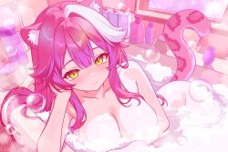 1girl animal_ears bath bathroom bathtub blush bottle breasts bubble cleavage closed_mouth collarbone commentary english_commentary finn_flint foam hair_intakes highres hololive hololive_english large_breasts long_hair multicolored_hair nude panther_ears panther_girl panther_tail pink_hair raora_panthera shampoo_bottle smile solo streaked_hair tail two-tone_hair virtual_youtuber water white_hair yellow_eyes