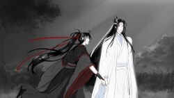 Rule 34 | 2boys, ahoge, arm guards, black boots, black eyes, black hair, black hanfu, boots, chinese clothes, closed mouth, floating hair, grass, hair ribbon, hanfu, headband, highres, holding hands, korean commentary, lan wangji, limited palette, long hair, long sleeves, looking at another, male focus, modao zushi, multiple boys, night, niken (niken ouo), outdoors, parted lips, ponytail, profile, red ribbon, ribbon, robe, running, sash, sidelocks, smile, spot color, standing, topknot, tree, very long hair, wei wuxian, white hanfu, white headband, wide sleeves, yaoi