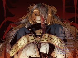 09wave_hb 1girl big_hair d: double_bun e.g.o_(project_moon) frown hair_bun half-closed_eyes highres hundred-footed_death_maggot_(e.g.o) ishmael_(project_moon) limbus_company long_hair looking_at_viewer open_mouth orange_hair project_moon red_background sleeves_past_fingers sleeves_past_wrists slit_pupils solo watermark wide_sleeves yellow_eyes