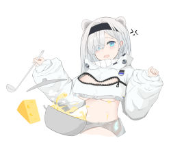 1girl anger_vein animal_ears arknights aurora_(arknights) bear_ears black_hairband blue_eyes breasts cheese cleavage cleavage_cutout clothing_cutout commentary_request crop_top cropped_torso female_focus food hair_over_one_eye hairband head_tilt highres holding holding_ladle ladle large_breasts long_hair long_sleeves looking_at_viewer midriff navel ningmeng_soda open_mouth pot silver_hair simple_background solo stomach underboob upper_body white_background