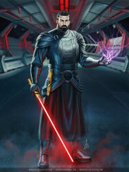Rule 34 | 1boy, absurdres, artist name, artstation username, audia pahlevi, beard, black boots, black hair, boots, curly hair, deviantart username, electricity, electrokinesis, email address, energy sword, facial hair, highres, holding, holding sword, holding weapon, lightsaber, looking at viewer, red lightsaber, short hair, signature, sith, solo, spacecraft interior, standing, star wars, star wars: the old republic, sword, weapon, yellow eyes