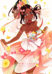 Rule 34 | 1girl, alternate costume, bare shoulders, blush, breasts, bright pupils, brown eyes, brown hair, choker, cleavage, clothes lift, collarbone, commentary, commission, dark-skinned female, dark skin, dress, dress lift, eyeshadow, fire emblem, fire emblem engage, flower, flower choker, highres, large breasts, looking at viewer, makeup, nintendo, open mouth, pink dress, pink eyeshadow, smile, solo, star-shaped pupils, star (symbol), sumustard, symbol-shaped pupils, teeth, timerra (fire emblem), upper teeth only, very dark skin, watermark, white background, white pupils, yellow flower