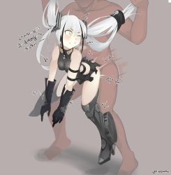 1boy 1girl absurdres blush clothed_female_nude_male cum cum_overflow destroyer_(girls&#039;_frontline) drooling eyebrows full_body girls&#039;_frontline grabbing_another&#039;s_hair grabbing_another&#039;s_twintails hanging_legs held_up hetero highres kim_da-yoon korean_text long_hair nude open_mouth rolling_eyes sex sex_from_behind simple_background solo_focus spread_legs steam tears tongue tongue_out translation_request twintails twitter