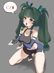 1girl absurdres arm_strap bare_shoulders battery_indicator black_choker black_gloves black_shorts black_socks black_tank_top blush braid choker cupping_hand doga_(artist) fingerless_gloves gloves green_eyes green_hair grey_background highres long_hair open_mouth qingyi_(zenless_zone_zero) shorts side_braids simple_background socks solo speech_bubble squatting stirrup_legwear tank_top toeless_legwear tongue tongue_out twin_braids twintails zenless_zone_zero