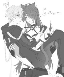 Rule 34 | 1boy, 1girl, acheron (honkai: star rail), ahoge, animal ears, armor, belt, black belt, black choker, black gloves, black jacket, black pants, black shorts, breasts, caelus (honkai: star rail), cat ears, choker, cleavage, coat, coattails, collarbone, commentary request, cowboy shot, criss-cross halter, crop top, gloves, hair over one eye, halterneck, highres, honkai: star rail, honkai (series), jacket, large breasts, light blush, long hair, looking at another, monochrome, pants, poi po12, reverse princess carry, shorts, shoulder armor, single bare shoulder, thighs, trailblazer (honkai: star rail), translated, white coat