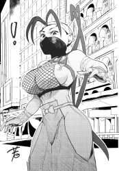 Rule 34 | 1girl, antenna hair, breasts, fingerless gloves, fishnet top, fishnets, from below, gloves, highres, hip vent, hiroshi mono, ibuki (street fighter), kunai, large breasts, long hair, looking at viewer, mask, monochrome, ninja, ponytail, solo, street fighter, street fighter iii (series), street fighter iv (series), street fighter v, weapon