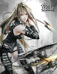 Rule 34 | armor, chain, chain leash, green hair, holding, holding weapon, leash, long hair, looking at viewer, mabinogi, mabinogi heroes, official art, realistic, shoulder armor, spikes, weapon